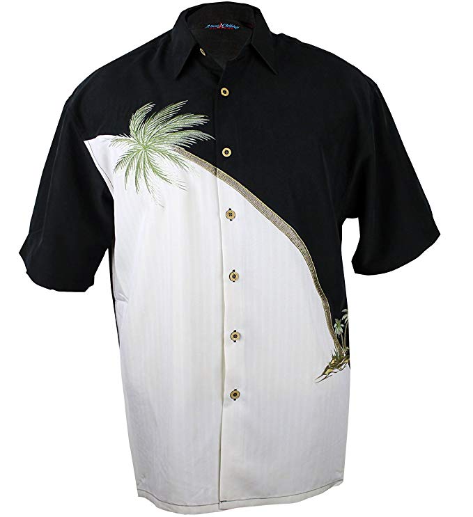 Maui Clothing Company Men's Embroidered palm tree panel aloha shirt L BLACK