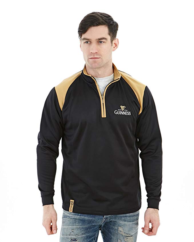 Guinness Classic Performance Top, Medium - 1/4 Zip Black and Gold Polyester Pullover Athletic Sweater