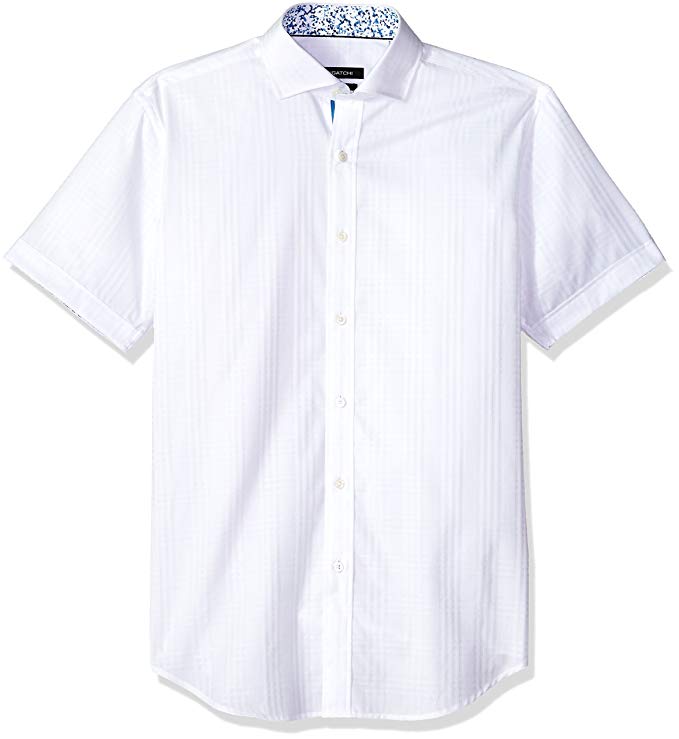 Bugatchi Men's Fitted Short Sleeve Tonal Jacquard Cotton Shirt