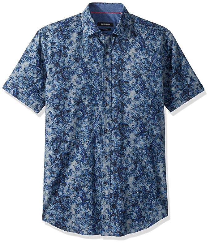 Bugatchi Men's Tailored Fit Printed Denim Short Sleeve Point Collar Shirt
