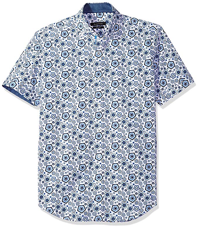 Bugatchi Men's Fitted Printed Cinquefoil Shapes Spread Collar Shirt